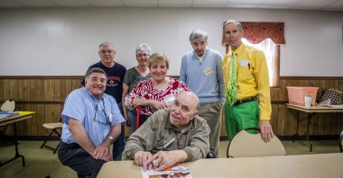 Group leaders stand for a portrait during a meeting for the Parkinson's Disease support group at the Mount Pleasant Ruritan Club in Walkersville, Maryland, U.S., March 16, 2022. (AP Photo)