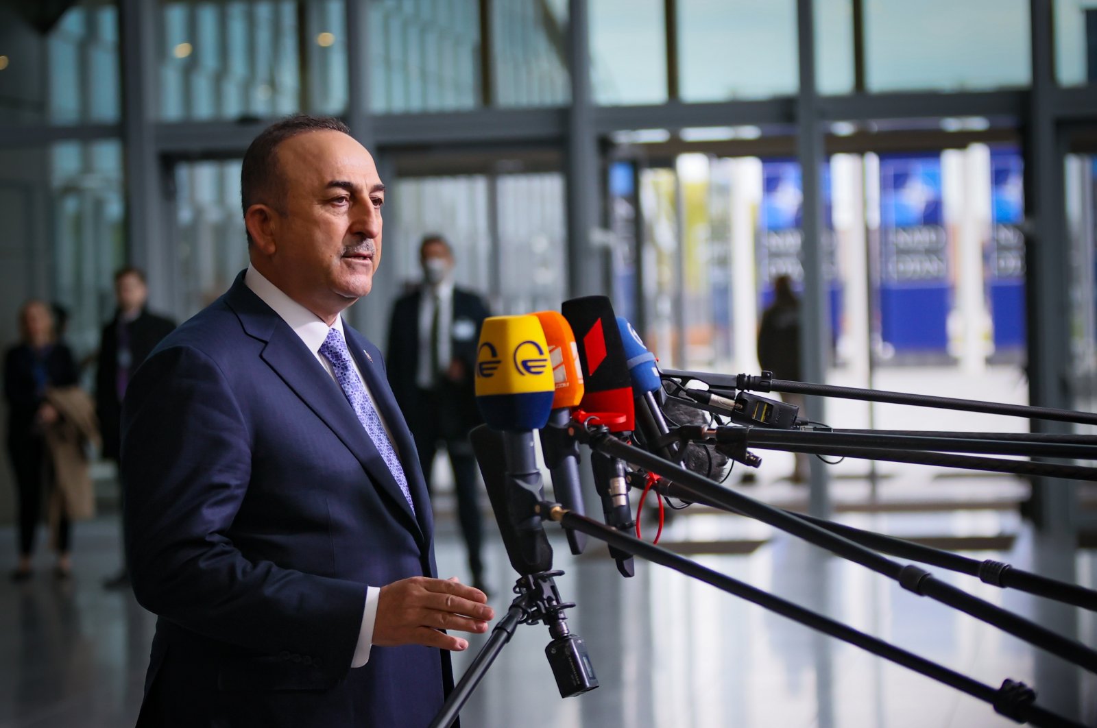 Foreign Minister Mevlüt Çavuşoğlu is seen in the NATO headquarters in Brussels, Belgium, April 4, 2022 (AA Photo) 