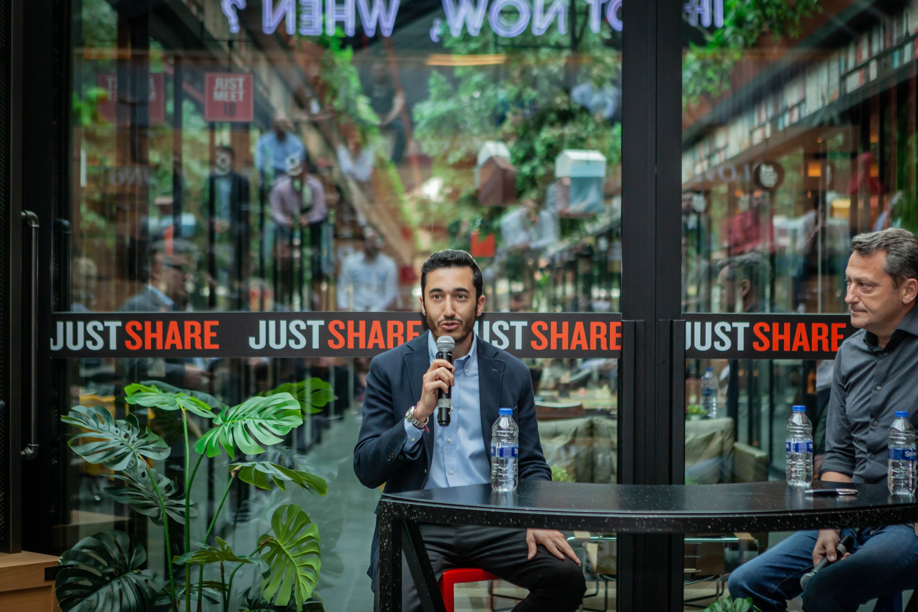 Egem Eraslan (L), Midas co-founder and CEO, and Cenk Bayraktar, Revo Capital founding partner, during an event in Istanbul, Turkey, March 12, 2022. (Photo by Hatice Çınar)