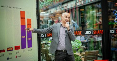  Startups.watch founder Serkan Ünsal delivers remarks during an event in Istanbul, Turkey, March 12, 2022. (Photo by Hatice Çınar)