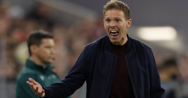 Munich coach Julian Nagelsmann reacts during the Champions League quarterfinal Villarreal, Munich, Germany, April 12, 2022. (EPA Photo)