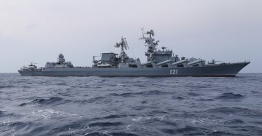 In this photo provided by the Russian Defense Ministry Press Service, Russian navy missile cruiser Moskva is on patrol in the Mediterranean Sea near the Syrian coast on Dec. 17, 2015. (AP Photo)