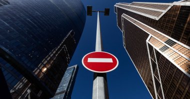 A stop road sign is seen next to skyscrapers at Moscow International Business Center, also known as "Moskva-City," in Moscow, Russia, April 14, 2022. (Reuters Photo)