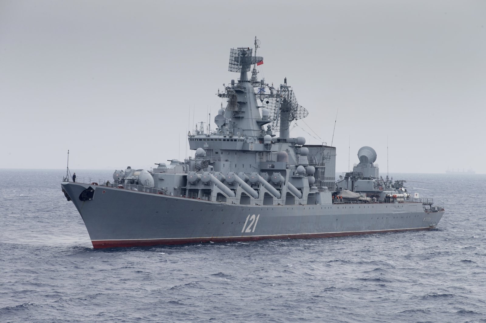 In this photo provided by the Russian Defense Ministry Press Service, Russian missile cruiser Moskva is on patrol in the Mediterranean Sea near the Syrian coast on Dec. 17, 2015. (AP Photo)
