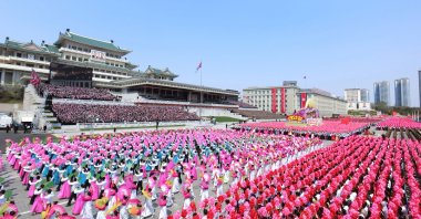 A photo released by the official North Korean Central News Agency (KCNA) shows a national meeting and a public procession of Pyongyang citizens marking the 110th birth anniversary of the country's late founder, Kim Il Sung, at the Kim Il Sung Square in Pyongyang, North Korea, April 15, 2022. (EPA Photo)