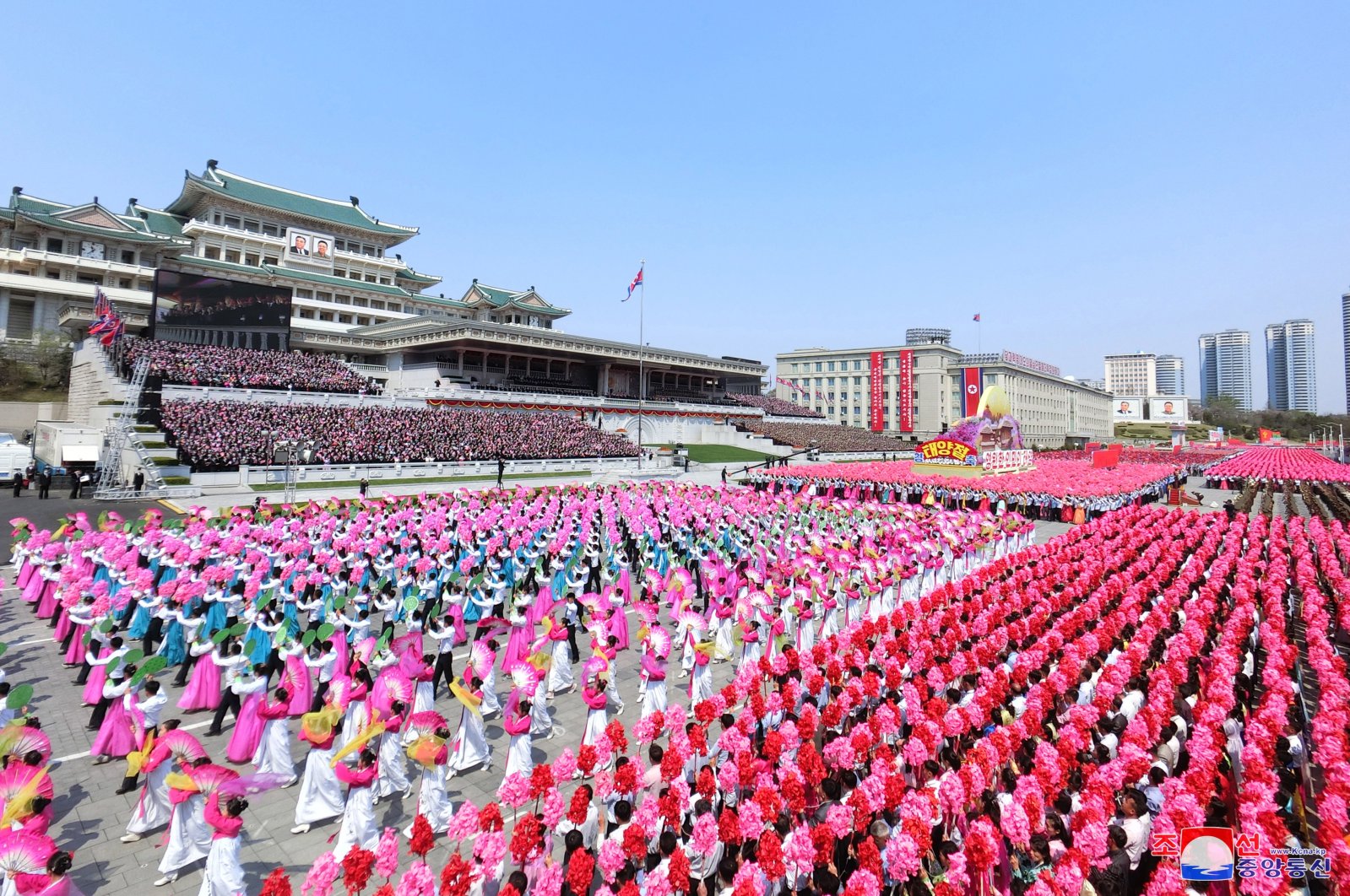 A photo released by the official North Korean Central News Agency (KCNA) shows a national meeting and a public procession of Pyongyang citizens marking the 110th birth anniversary of the country&#039;s late founder, Kim Il Sung, at the Kim Il Sung Square in Pyongyang, North Korea, April 15, 2022. (EPA Photo)