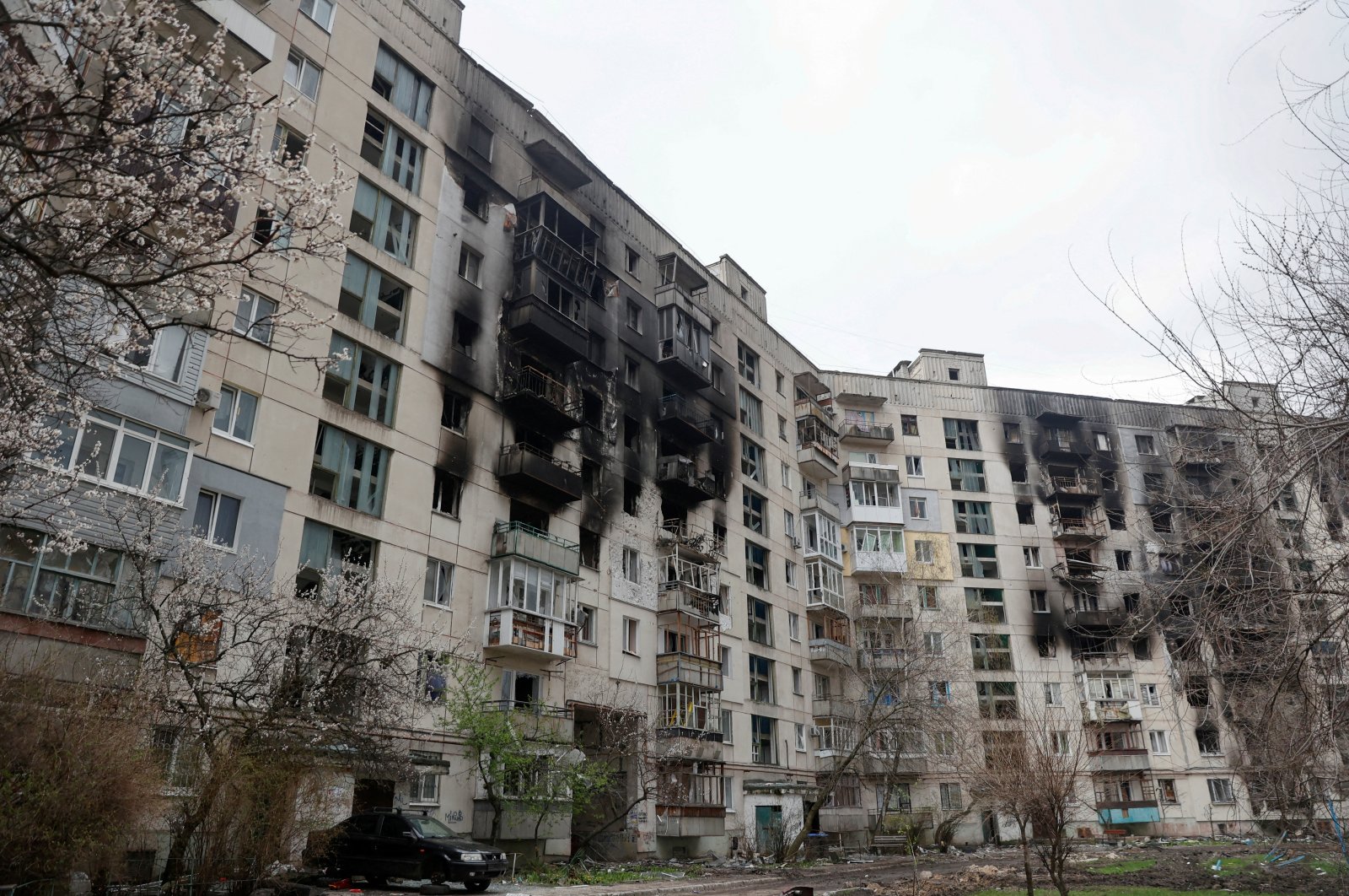 A view shows a residential building damaged by a military strike as Russia&#039;s attack on Ukraine continues in Severodonetsk, Luhansk region, Ukraine, April 16, 2022.  (Reuters Photo)