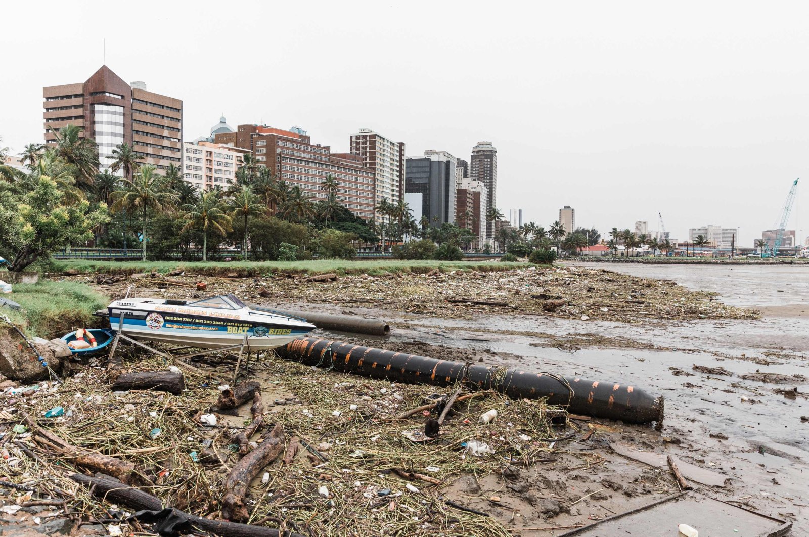 Massive debris at the Durban harbor following heavy rains, mudslides and rain and winds in Durban, South Africa, April 16, 2022. (AFP Photo)