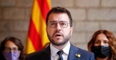 Catalonia&#039;s regional President Pere Aragones gives a news conference at Palau de la Generalitat, following the arrest of former Catalan government head Carles Puigdemont in Sardinia on Thursday, in Barcelona, Spain, Sept. 24, 2021. (Reuters Photo)