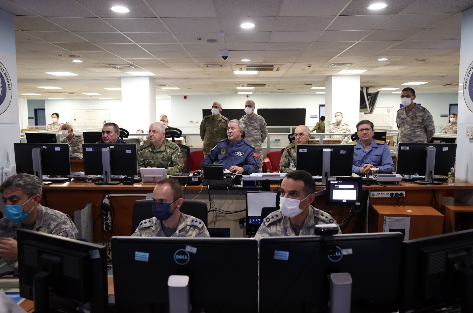 Commanders, including Defense Minister Hulusi Akar (C) at the command center as the Turkish military launches Operation Claw Lock against the PKK terrorists, Monday, April 18, 2022. (IHA Photo)