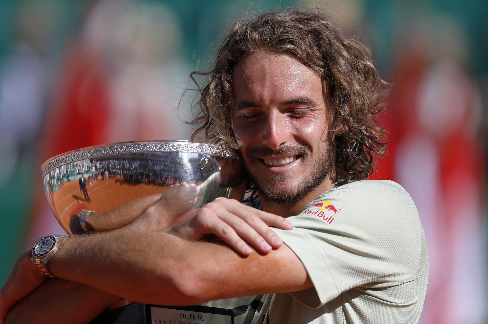 Stefanos Tsitsipas celebrates with the trophy after winning the Monte-Carlo Rolex Masters, Roquebrune Cap Martin, France, April 17, 2022. (EPA Photo)