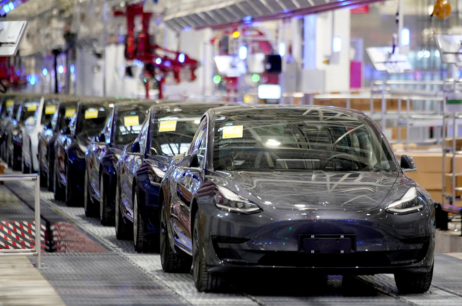 Tesla China-made Model 3 vehicles are seen during a delivery event at the carmaker&#039;s factory in Shanghai, China, Jan. 7, 2020. (Reuters Photo)