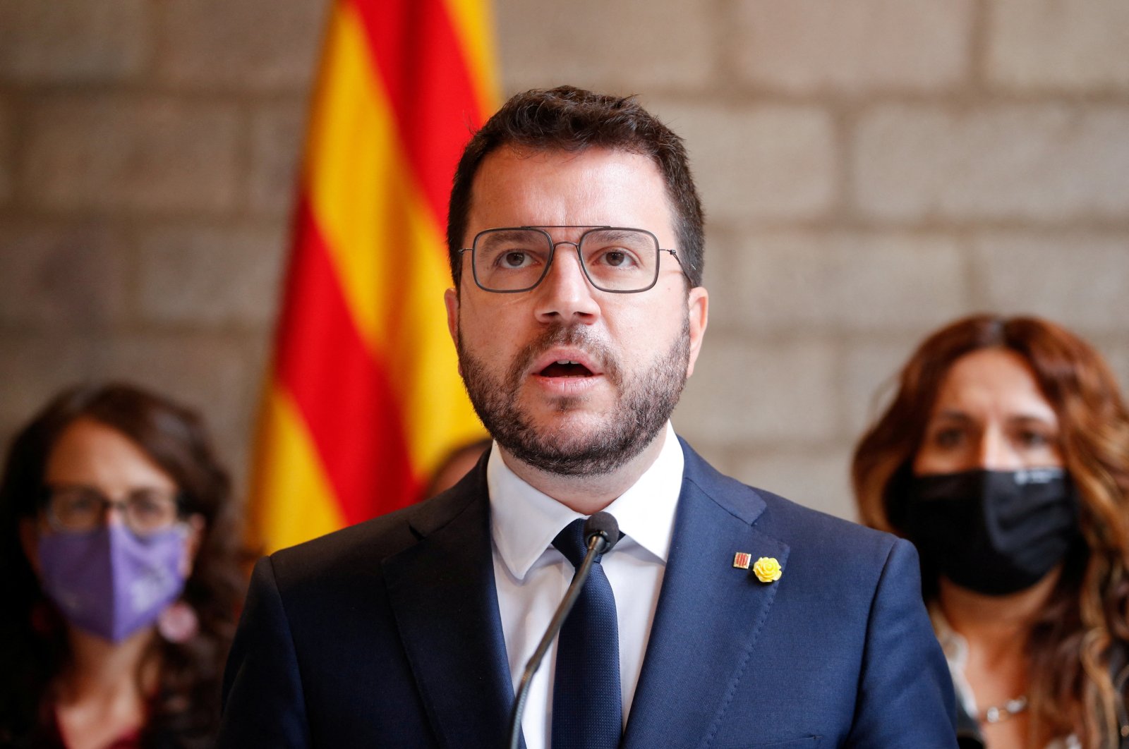 Catalonia&#039;s regional President Pere Aragones gives a news conference at Palau de la Generalitat, following the arrest of former Catalan government head Carles Puigdemont in Sardinia on Thursday, in Barcelona, Spain, Sept. 24, 2021. (Reuters Photo)