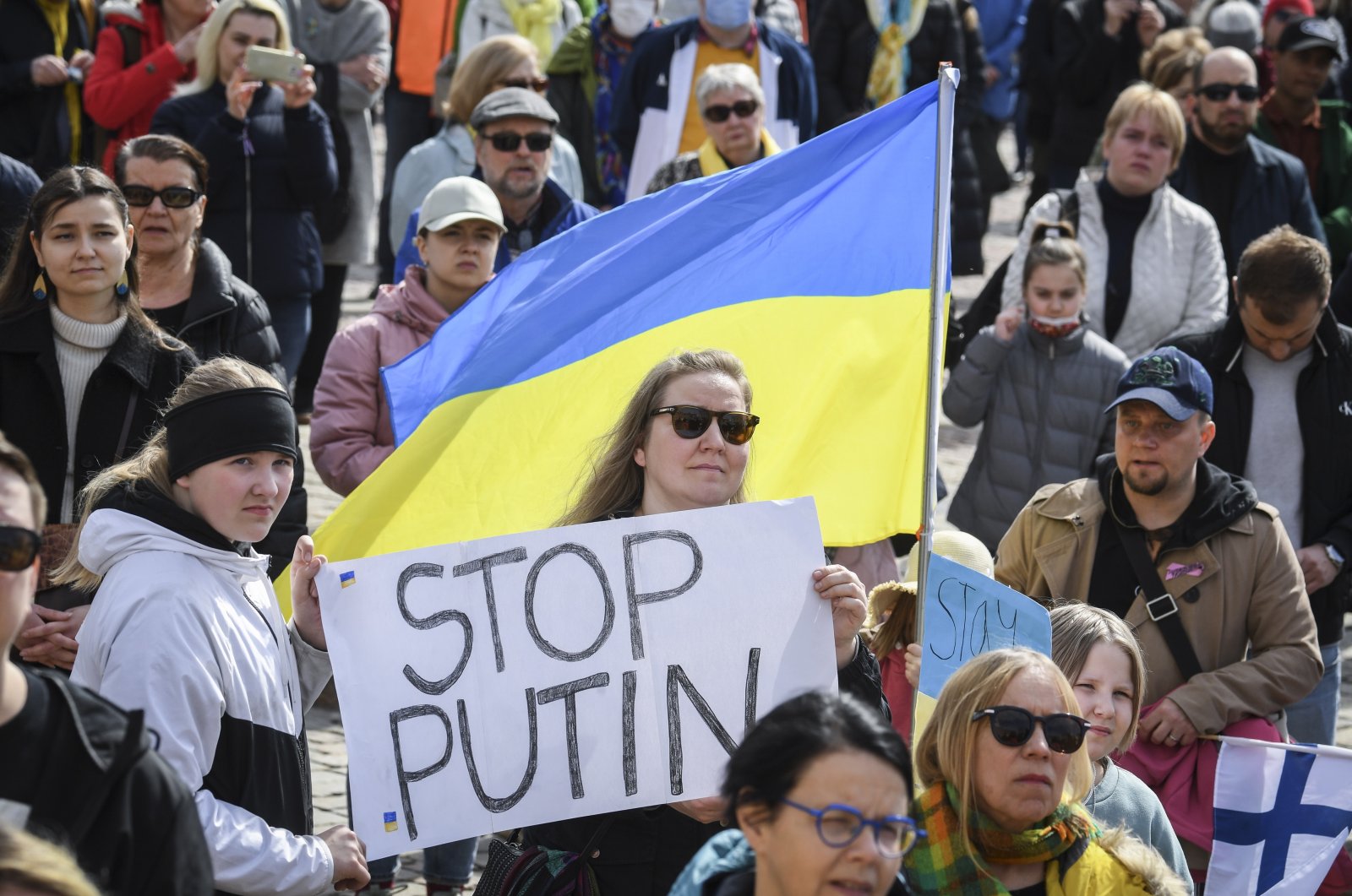 People attend the Free Ukraine - free world demonstration in the Senate Square in Helsinki, Finland, April 18, 2022.  (EPA Photo)