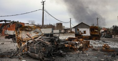 Burned vehicles are seen in an area controlled by Russian-backed separatist forces in Mariupol, Ukraine, April 18, 2022. (AP)