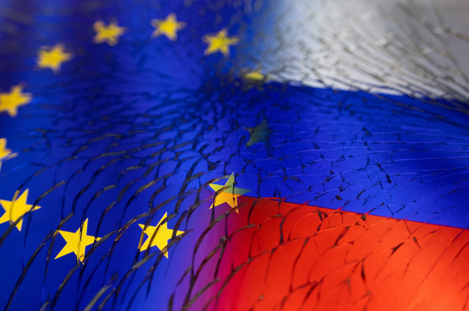 The EU and Russian flags are juxtaposted in this illustration, April 13, 2022. (Reuters Photo)
