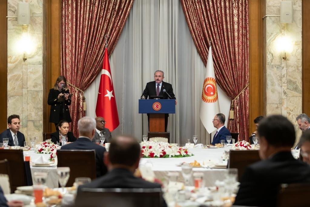 Parliament Speaker Mustafa Sentop speaks at a meeting with OIC diplomats in Ankara, Tuesday, April 19, 2022. (DHA Photo)