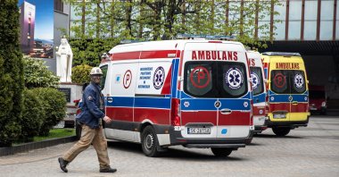 Ambulances are seen at JSW's Pniowek coal mine after a probable methane explosion, Pawlowice, Poland, April 20, 2022. (Reuters Photo)