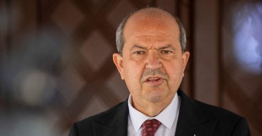 Turkish Cypriot leader Ersin Tatar speaks to the press, April 7, 2022. (AFP)