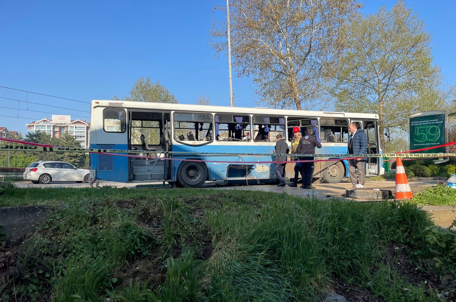 A view of the bus damaged in the attack, in Bursa, northwestern Turkey, April 20, 2022. (AA PHOTO)