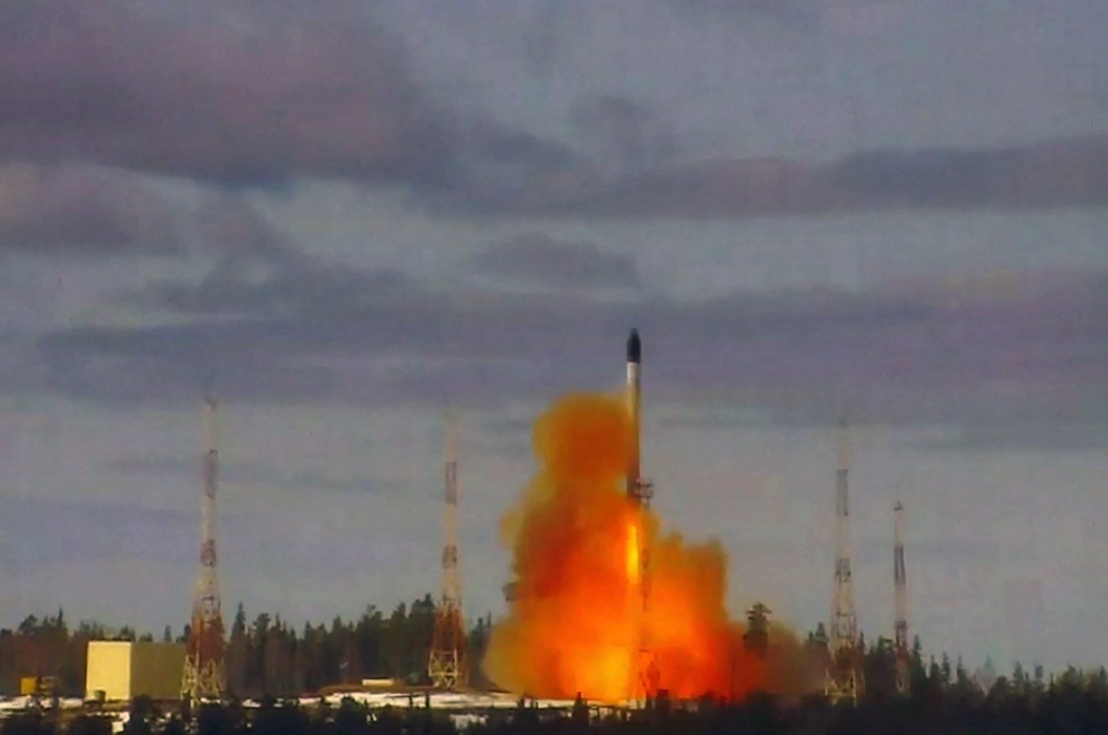 This grab from video footage released by the Russian Defense Ministry shows the launching of the Sarmat intercontinental ballistic missile at Plesetsk testing field, Russia, April 20, 2022. (Photo by Russian Defense Ministry via AFP)
