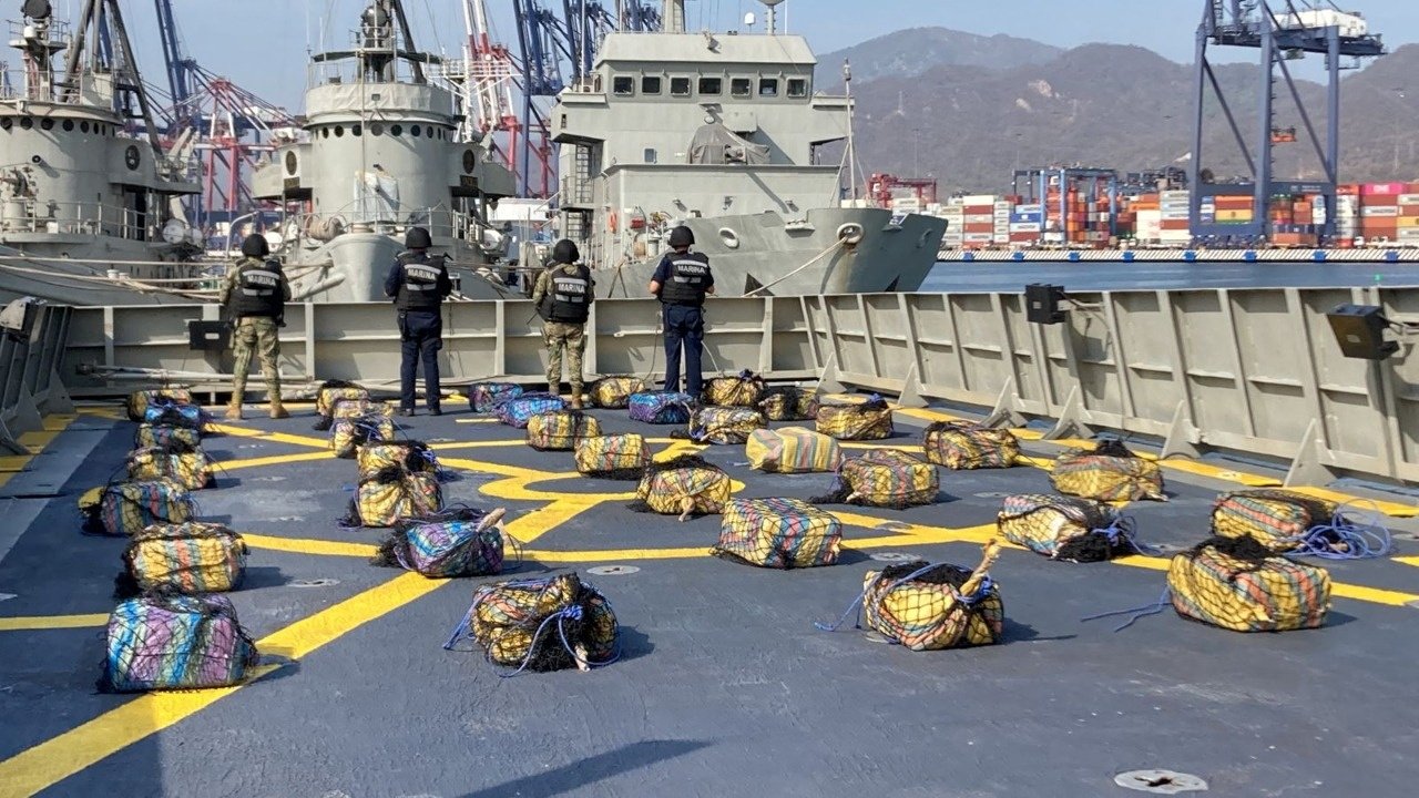 Packages containing cocaine are displayed at the heliport of a ship as part of a drug seizure off the coast of Mexico, in Manzanillo, Mexico, in this undated picture released to Reuters on April 20, 2022. (Reuters Photo)
