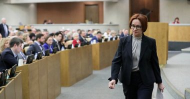 Governor of Russian Central Bank Elvira Nabiullina attends a session of the State Duma, the lower house of parliament, in Moscow, Russia April 21, 2022. (Russian State Duma/Handout via Reuters)