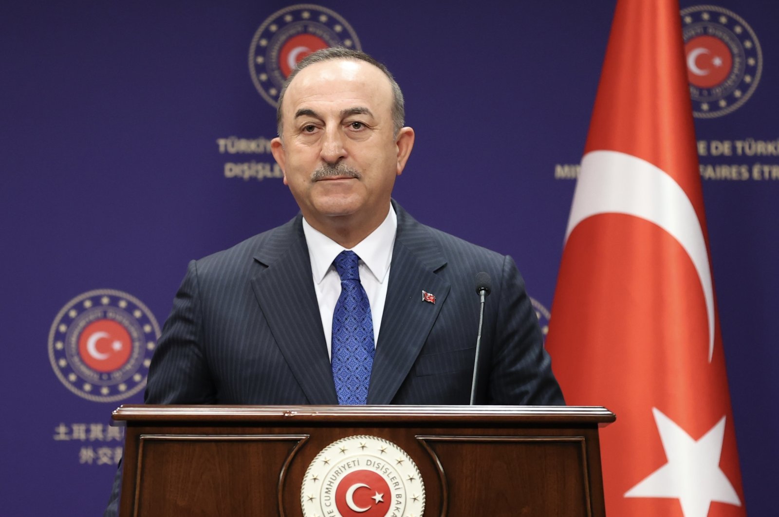 Foreign Minister Mevlüt Çavuşoğlu speaks in a joint news conference with his Hungarian counterpart Peter Szijjarto (unpictured) in Ankara, April 19, 2022. (AA Photo)