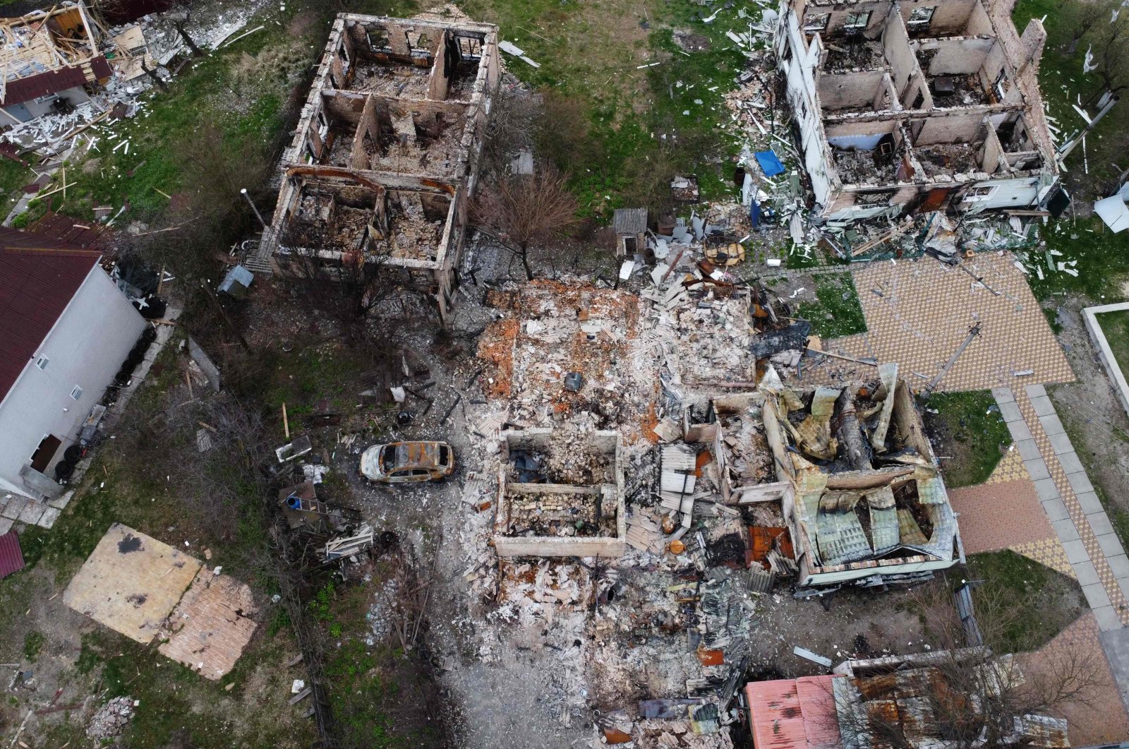 This aerial view shows a destroyed residential area in the village of Moshchun, northwest of Kyiv, on April 20, 2022. (AFP)
