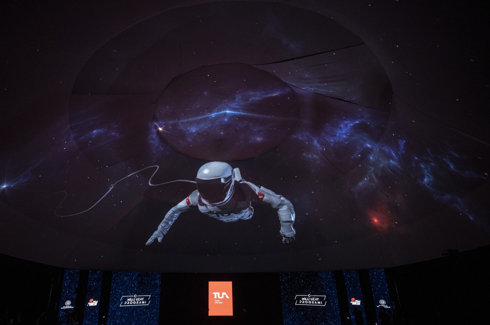 An astronaut is seen in this illustration photo displayed during the inauguration ceremony of Turkey&#039;s National Space Program, Ankara, Turkey, Feb. 9, 2021. (AA Photo)