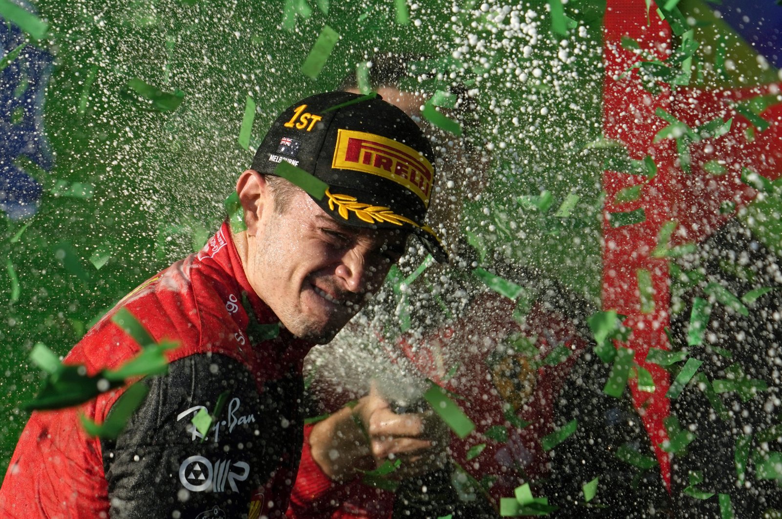 Ferrari&#039;s Charles Leclerc celebrates on the podium after winning the F1 Australian GP, Melbourne, Australia, April 10, 2022. (EPA Photo)