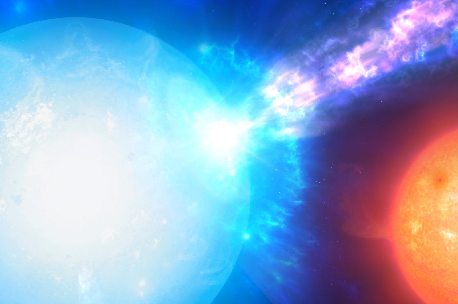 An artist’s impression shows a two-star system, with a white dwarf and a companion star, where stellar explosions called micronovae may occur. (Reuters Photo)