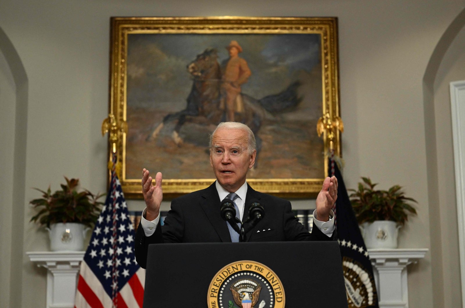 U.S. President Joe Biden provides updates on the Ukraine-Russia conflict in the Roosevelt Room of the White House in Washington, D.C., U.S., April 21, 2022. (AFP Photo)