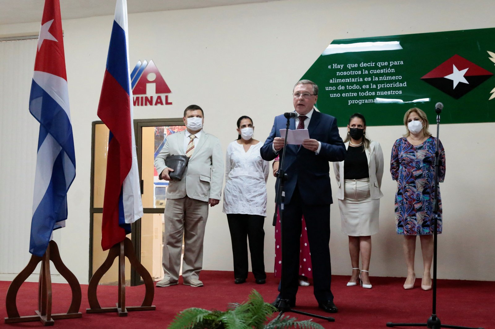 Russian Ambassador to Cuba Andrei Guskov speaks during a ceremony for the donation of wheat to Cuba, amid the Russian invasion of Ukraine, in Havana, Cuba, April 21, 2022. (REUTERS Photo)