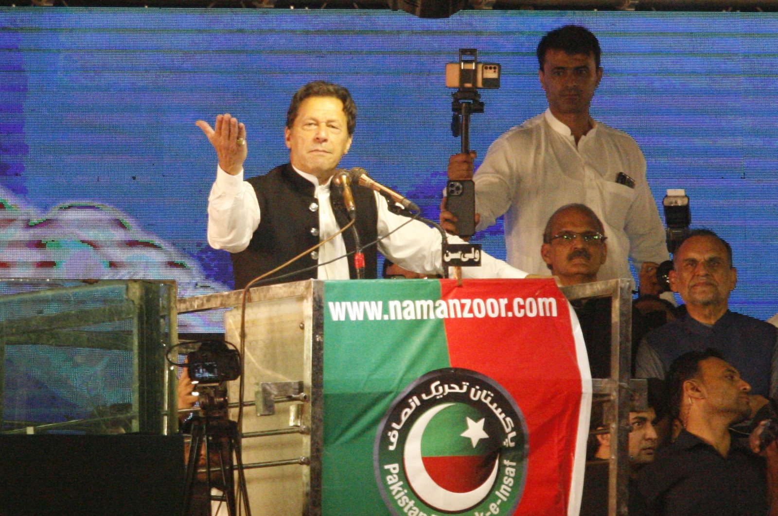 Former Pakistani Prime Minister Imran Khan addresses supporters of the Pakistan Tehreek-e-Insaf (PTI) party, in Lahore, April 22, 2022. (AA Photo)