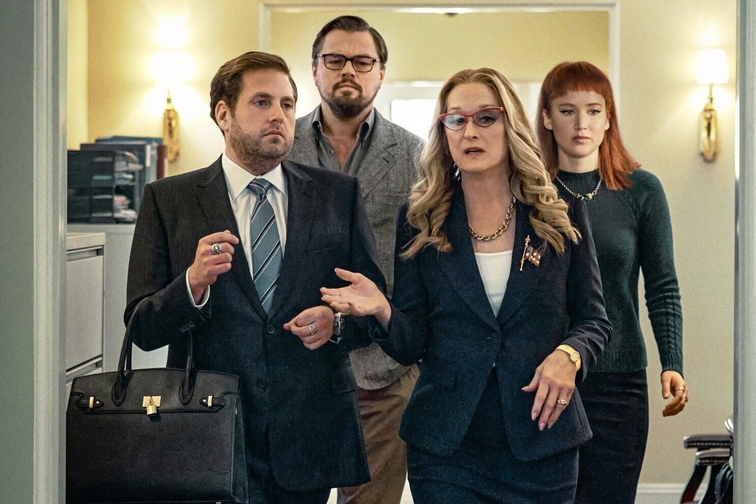 Jonah Hill (L), Leonardo DiCaprio (C-L), Meryl Streep (C-R) and Jennifer Lawrence, in a scene from the film "Don&#039;t Look Up."