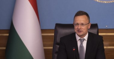 Hungarian Foreign Minister Peter Szijjarto during a meeting with Trade Minister Mehmet Muş in Ankara, Turkey, April 19, 2022. (AA Photo)