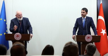 European Commission vice-president in charge of the European Green Deal Frans Timmermans (L) gestures as he speaks next to Turkey's Minister of Environment, Urban Planning and Climate Change Minister Murat Kurum during a press conference in Ankara, Turkey, April 21, 2022. (AFP Photo)