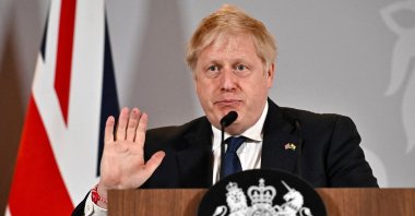 British Prime Minister Boris Johnson gestures as he speaks during a news conference in New Delhi, India, April 22, 2022. (Reuters Photo)