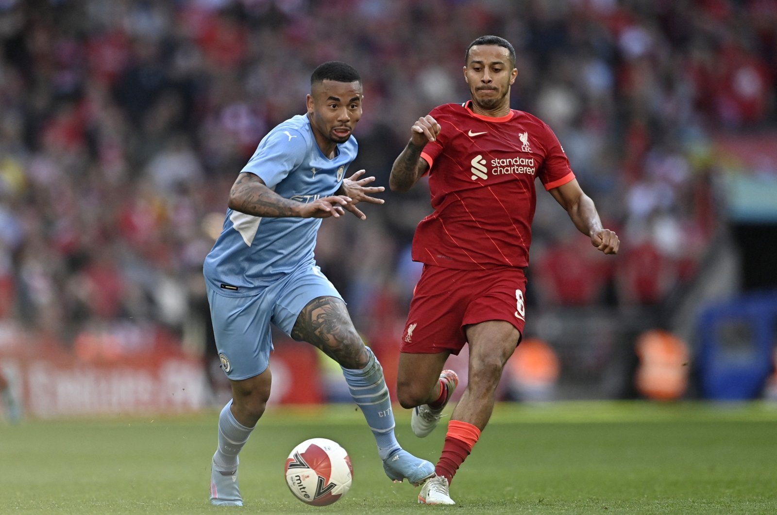 Manchester City&#039;s Gabriel Jesus in action with Liverpool&#039;s Naby Keita during an FA Cup semifinal match at the Wembley Stadium, in London, Britain, April 16, 2022. (Reuters Photo)
