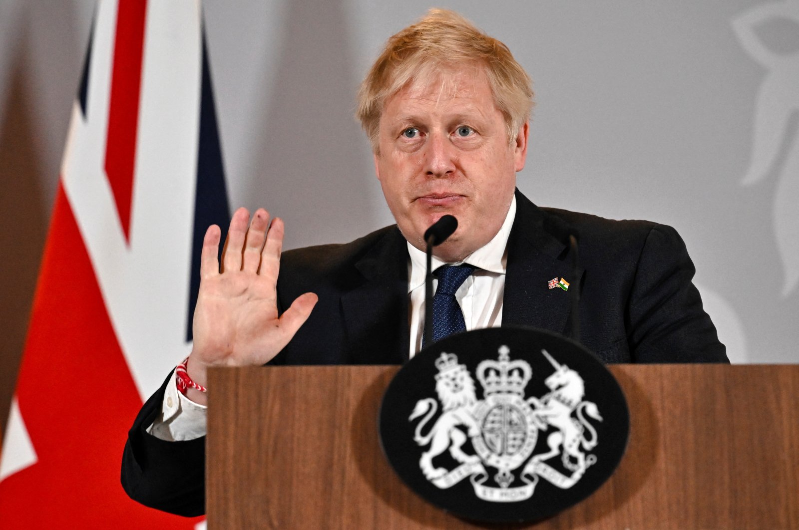 British Prime Minister Boris Johnson gestures as he speaks during a news conference in New Delhi, India, April 22, 2022. (Reuters Photo)
