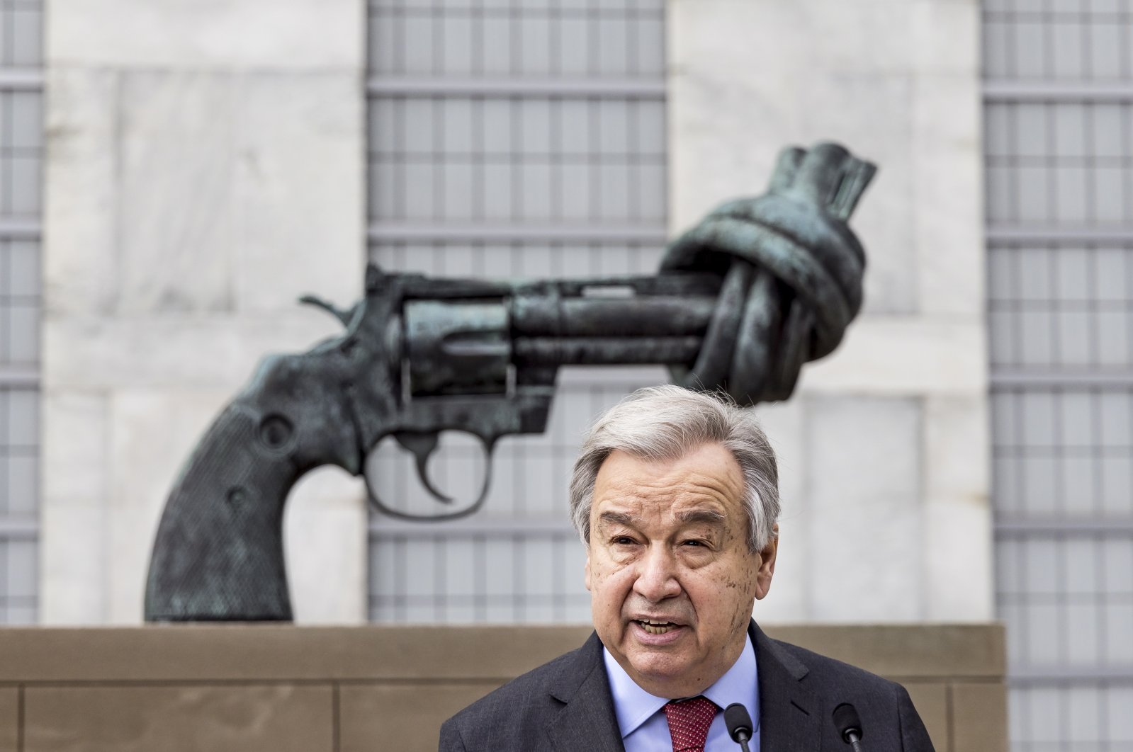 U.N. Secretary-General Antonio Guterres makes a statement calling for a cease-fire in the fighting between Russia and Ukraine outside United Nations headquarters, New York, U.S., April 19, 2022. (EPA Photo)