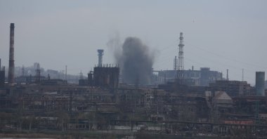 Smoke rises from the Azovstal plant as the Russian army has taken control of Ukraine&#039;s besieged port city of Mariupol except for the Azovstal plant, April 22, 2022. (AA Photo)