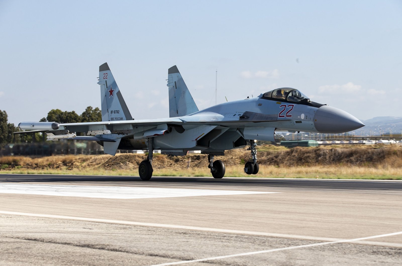 A Russian Su-35 fighter jet takes off at Hemeimeem air base in Syria, Sept. 26, 2019. (AP Photo)