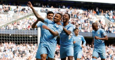 Man City's Gabriel Jesus (2nd L) celebrates with teammates after scoring in a Premier League game against Watford, Manchester, England, April 23, 2022. (Reuters Photo)
