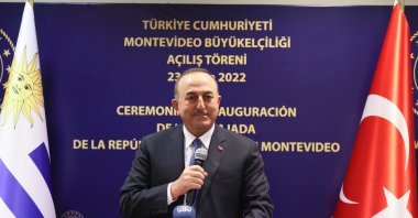 Foreign Minister Mevlüt Çavuşoğlu speaks during the opening ceremony of the Turkish Embassy in Montevideo, Uruguay, April 23, 2022. (AA)