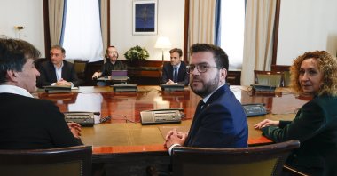 Catalonian regional President Pere Aragones (2-R) poses as he meets with several members of parliament at the Lower Chamber of Spanish Parliament, Madrid, Spain, April 21, 2022. (EPA Photo)