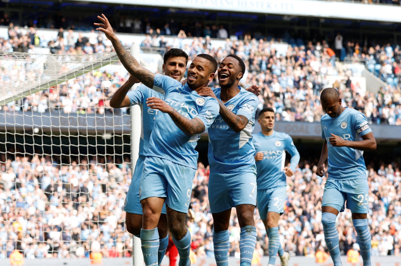Man City&#039;s Gabriel Jesus (2nd L) celebrates with teammates after scoring in a Premier League game against Watford, Manchester, England, April 23, 2022. (Reuters Photo)