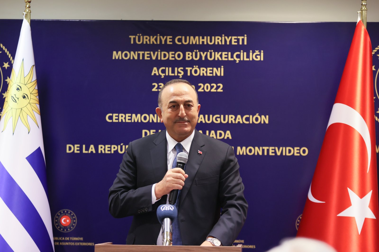 Foreign Minister Mevlüt Çavuşoğlu speaks during the opening ceremony of the Turkish Embassy in Montevideo, Uruguay, April 23, 2022. (AA)
