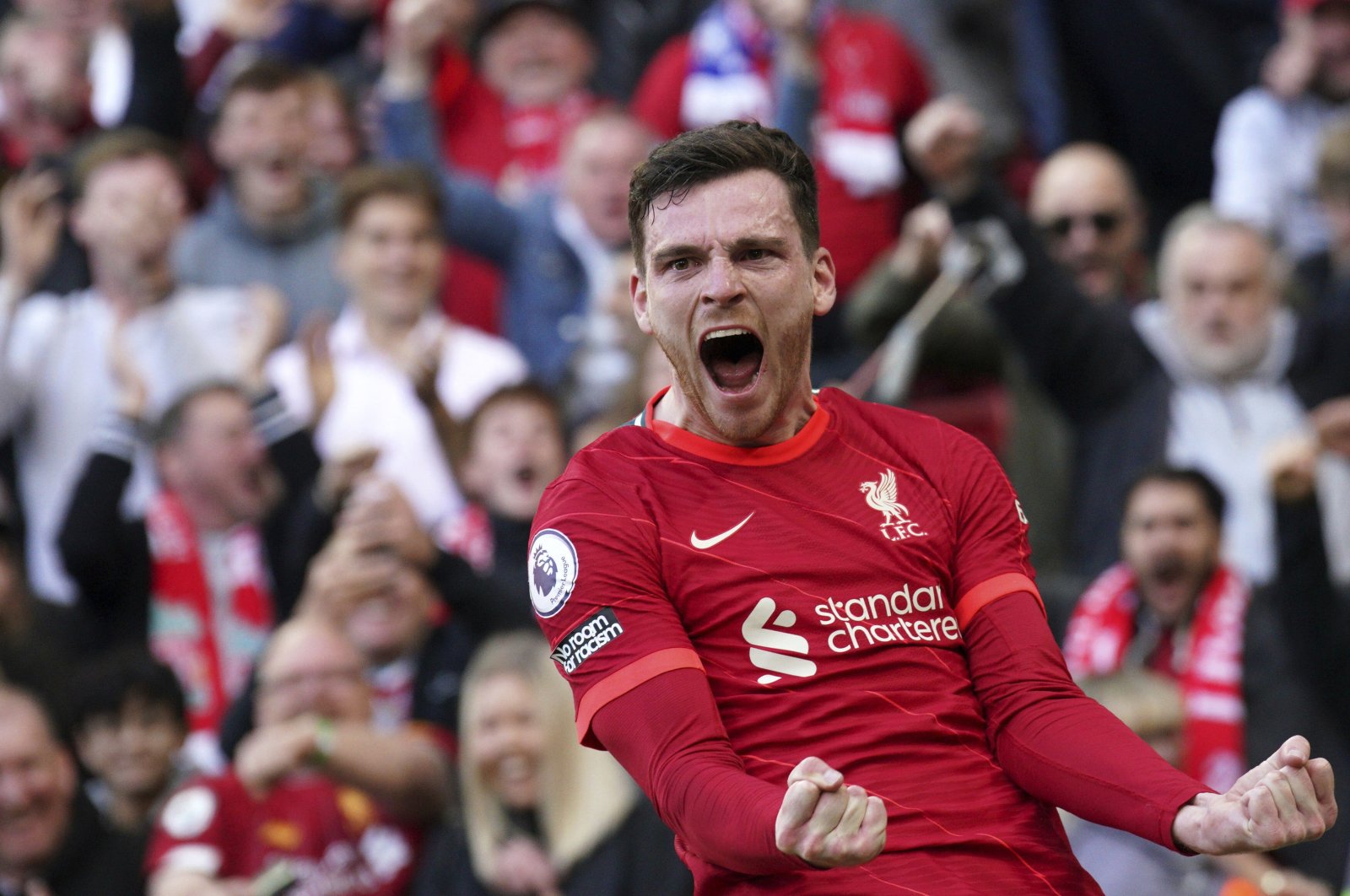 Liverpool&#039;s Andrew Robertson celebrates after scoring his side&#039;s first goal during the English Premier League soccer match between Liverpool and Everton at Anfield stadium in Liverpool, England, April 24, 2022. (AP Photo)